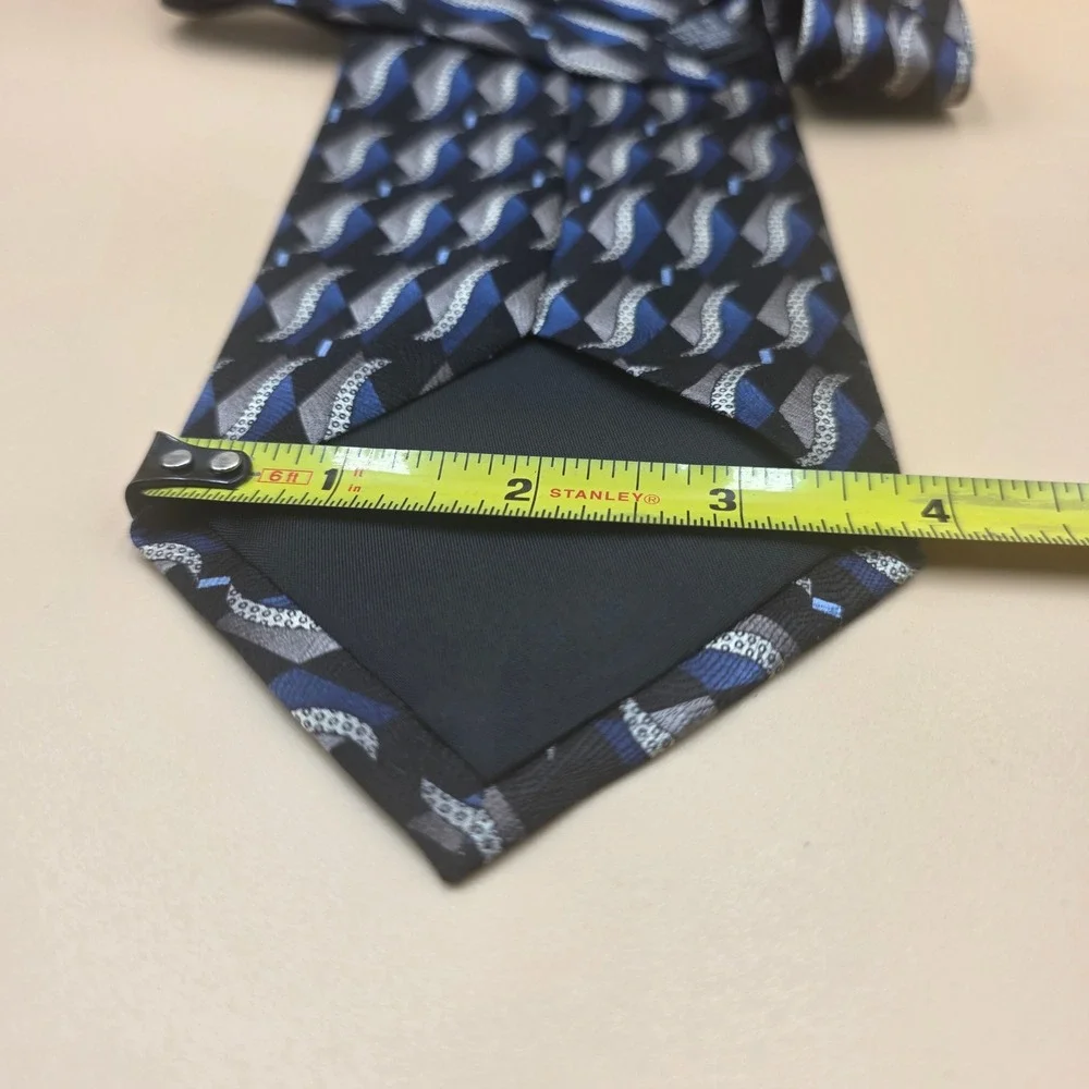 Louis Roth Mens Silk Necktie Blue Black Silver Geometric Abstract Made in USA